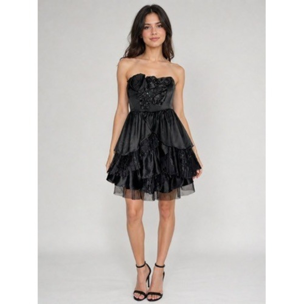 Betsey Johnson Black Silk Mini Dress Tiered Ruffle Strapless Floral Y2K Size 2